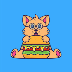 Cute cat eating burger. Animal cartoon concept isolated. Can used for t-shirt, greeting card, invitation card or mascot. Flat Cartoon Style