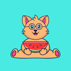 Cute cat eating watermelon. Animal cartoon concept isolated. Can used for t-shirt, greeting card, invitation card or mascot. Flat Cartoon Style