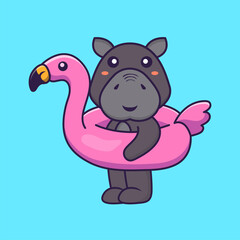 Cute hippopotamus With flamingo buoy. Animal cartoon concept isolated. Can used for t-shirt, greeting card, invitation card or mascot. Flat Cartoon Style