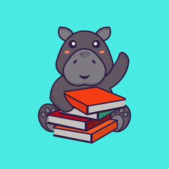 Cute hippopotamus reading a book. Animal cartoon concept isolated. Can used for t-shirt, greeting card, invitation card or mascot. flat cartoon style