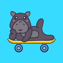 Cute hippopotamus lying on a skateboard. Animal cartoon concept isolated. Can used for t-shirt, greeting card, invitation card or mascot. Flat Cartoon Style