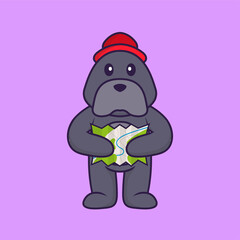 Cute dog holding a map. Animal cartoon concept isolated. Can used for t-shirt, greeting card, invitation card or mascot. Flat Cartoon Style