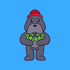 Cute dog holding money. Animal cartoon concept isolated. Can used for t-shirt, greeting card, invitation card or mascot. Flat Cartoon Style