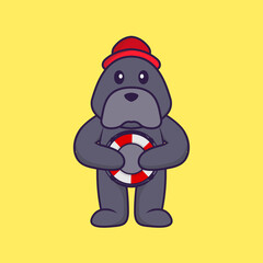 Cute dog holding a buoy. Animal cartoon concept isolated. Can used for t-shirt, greeting card, invitation card or mascot. Flat Cartoon Style