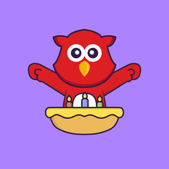 Cute bird with birthday cake. Animal cartoon concept isolated. Can used for t-shirt, greeting card, invitation card or mascot. Flat Cartoon Style