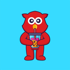 Cute bird Drinking Boba milk tea. Animal cartoon concept isolated. Can used for t-shirt, greeting card, invitation card or mascot. Flat Cartoon Style
