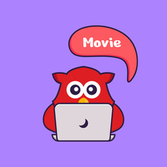 Cute bird is watching a movie. Animal cartoon concept isolated. Can used for t-shirt, greeting card, invitation card or mascot. Flat Cartoon Style