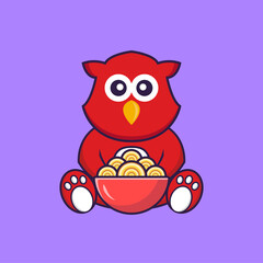 Cute bird eating ramen noodles. Animal cartoon concept isolated. Can used for t-shirt, greeting card, invitation card or mascot. Flat Cartoon Style
