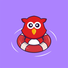 Cute bird is Swimming with a buoy. Animal cartoon concept isolated. Can used for t-shirt, greeting card, invitation card or mascot. Flat Cartoon Style