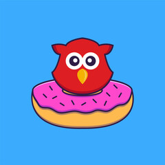 Cute bird with a donut on his neck. Animal cartoon concept isolated. Can used for t-shirt, greeting card, invitation card or mascot. Flat Cartoon Style