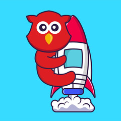 Cute bird flying on rocket. Animal cartoon concept isolated. Can used for t-shirt, greeting card, invitation card or mascot. Flat Cartoon Style