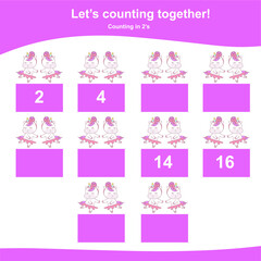 Counting unicorn game for children. Counting in 2s. Cute unicorn math worksheet. Educational printable math worksheet. Vector illustration in cartoon style. 