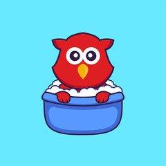 Cute bird taking a bath in the bathtub. Animal cartoon concept isolated. Can used for t-shirt, greeting card, invitation card or mascot. Flat Cartoon Style