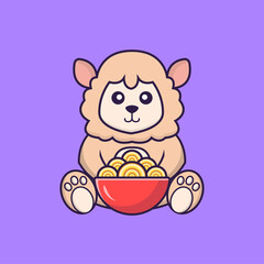 Cute sheep eating ramen noodles. Animal cartoon concept isolated. Can used for t-shirt, greeting card, invitation card or mascot. Flat Cartoon Style