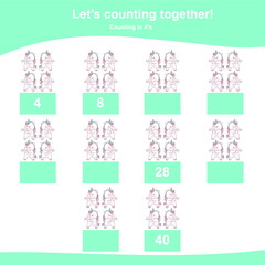 Counting unicorn game for children. Counting in 4s. Cute unicorn math worksheet. Educational printable math worksheet. Vector illustration in cartoon style