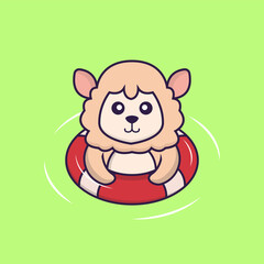 Cute sheep is Swimming with a buoy. Animal cartoon concept isolated. Can used for t-shirt, greeting card, invitation card or mascot. Flat Cartoon Style