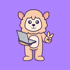 Cute sheep holding laptop. Animal cartoon concept isolated. Can used for t-shirt, greeting card, invitation card or mascot. Flat Cartoon Style