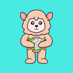 Cute sheep holding a map. Animal cartoon concept isolated. Can used for t-shirt, greeting card, invitation card or mascot. Flat Cartoon Style