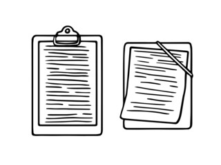 A tablet for papers. Vector set. Hand-drawn in the doodle style. Paper folder
