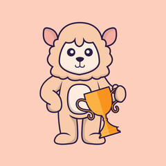 Obraz na płótnie Canvas Cute sheep holding gold trophy. Animal cartoon concept isolated. Can used for t-shirt, greeting card, invitation card or mascot. Flat Cartoon Style