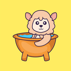 Cute sheep taking a bath in the bathtub. Animal cartoon concept isolated. Can used for t-shirt, greeting card, invitation card or mascot. Flat Cartoon Style