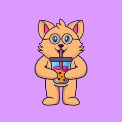 Cute cat Drinking Boba milk tea. Animal cartoon concept isolated. Can used for t-shirt, greeting card, invitation card or mascot. Flat Cartoon Style