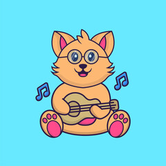 Cute cat playing guitar. Animal cartoon concept isolated. Can used for t-shirt, greeting card, invitation card or mascot. Flat Cartoon Style