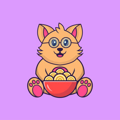 Cute cat eating ramen noodles. Animal cartoon concept isolated. Can used for t-shirt, greeting card, invitation card or mascot. Flat Cartoon Style