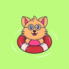 Cute cat is Swimming with a buoy. Animal cartoon concept isolated. Can used for t-shirt, greeting card, invitation card or mascot. Flat Cartoon Style