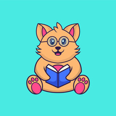 Cute cat reading a book. Animal cartoon concept isolated. Can used for t-shirt, greeting card, invitation card or mascot. Flat Cartoon Style