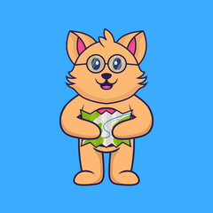 Cute cat holding a map. Animal cartoon concept isolated. Can used for t-shirt, greeting card, invitation card or mascot. Flat Cartoon Style