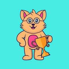 Cute cat holding gold trophy. Animal cartoon concept isolated. Can used for t-shirt, greeting card, invitation card or mascot. Flat Cartoon Style