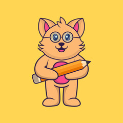 Cute cat holding a pencil. Animal cartoon concept isolated. Can used for t-shirt, greeting card, invitation card or mascot. Flat Cartoon Style