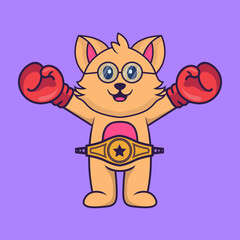 Fototapeta premium Cute cat in boxer costume with champion belt. Animal cartoon concept isolated. Can used for t-shirt, greeting card, invitation card or mascot. Flat Cartoon Style