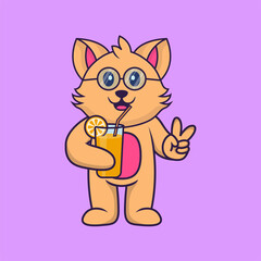 Cute cat holding orange juice in glass. Animal cartoon concept isolated. Can used for t-shirt, greeting card, invitation card or mascot. Flat Cartoon Style
