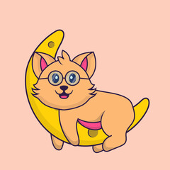Cute cat is on the moon. Animal cartoon concept isolated. Can used for t-shirt, greeting card, invitation card or mascot. Flat Cartoon Style