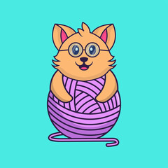 Cute cat playing with wool yarn. Animal cartoon concept isolated. Can used for t-shirt, greeting card, invitation card or mascot. Flat Cartoon Style