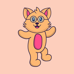 Cute cat is dancing. Animal cartoon concept isolated. Can used for t-shirt, greeting card, invitation card or mascot. Flat Cartoon Style