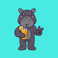 Cute hippopotamus holding orange juice in glass. Animal cartoon concept isolated. Can used for t-shirt, greeting card, invitation card or mascot. Flat Cartoon Style
