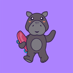 Cute hippopotamus holding a skateboard. Animal cartoon concept isolated. Can used for t-shirt, greeting card, invitation card or mascot. Flat Cartoon Style