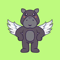 Cute hippopotamus using wings. Animal cartoon concept isolated. Can used for t-shirt, greeting card, invitation card or mascot. Flat Cartoon Style