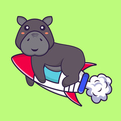 Cute hippopotamus flying on rocket. Animal cartoon concept isolated. Can used for t-shirt, greeting card, invitation card or mascot. Flat Cartoon Style