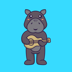 Cute hippopotamus playing guitar. Animal cartoon concept isolated. Can used for t-shirt, greeting card, invitation card or mascot. Flat Cartoon Style
