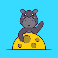 Cute hippopotamus is on the moon. Animal cartoon concept isolated. Can used for t-shirt, greeting card, invitation card or mascot. Flat Cartoon Style