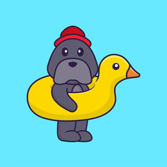 Cute dog With Duck buoy. Animal cartoon concept isolated. Can used for t-shirt, greeting card, invitation card or mascot. Flat Cartoon Style
