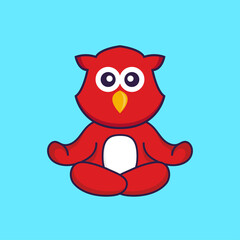 Cute bird is meditating or doing yoga. Animal cartoon concept isolated. Can used for t-shirt, greeting card, invitation card or mascot. Flat Cartoon Style