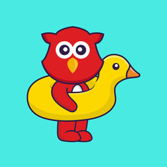 Cute bird With Duck buoy. Animal cartoon concept isolated. Can used for t-shirt, greeting card, invitation card or mascot. Flat Cartoon Style