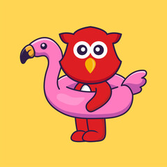 Cute bird With flamingo buoy. Animal cartoon concept isolated. Can used for t-shirt, greeting card, invitation card or mascot. Flat Cartoon Style