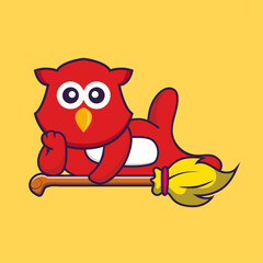 Cute bird lying on Magic Broom. Animal cartoon concept isolated. Can used for t-shirt, greeting card, invitation card or mascot. Flat Cartoon Style