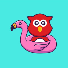 Cute bird With flamingo buoy. Animal cartoon concept isolated. Can used for t-shirt, greeting card, invitation card or mascot. Flat Cartoon Style